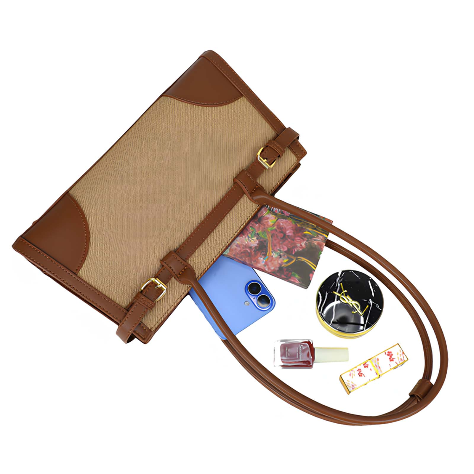 Un bolso marrón y beige con contenido: teléfono, maquillaje, lápiz labial y una tarjeta floral sobre fondo blanco.