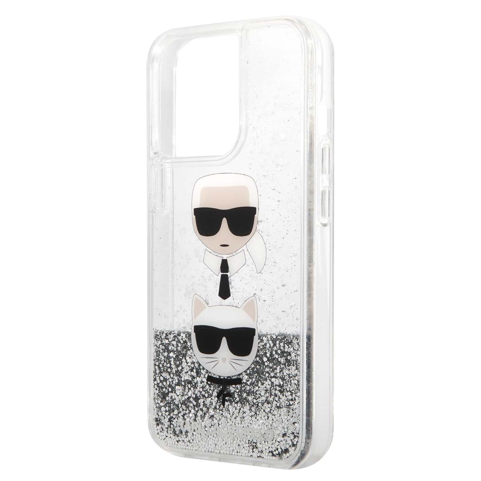 Transparente Handyhülle mit Karl Lagerfeld Design. Enthält ein Cartoon-Bild von Lagerfeld und einer Katze, beide mit Sonnenbrille.