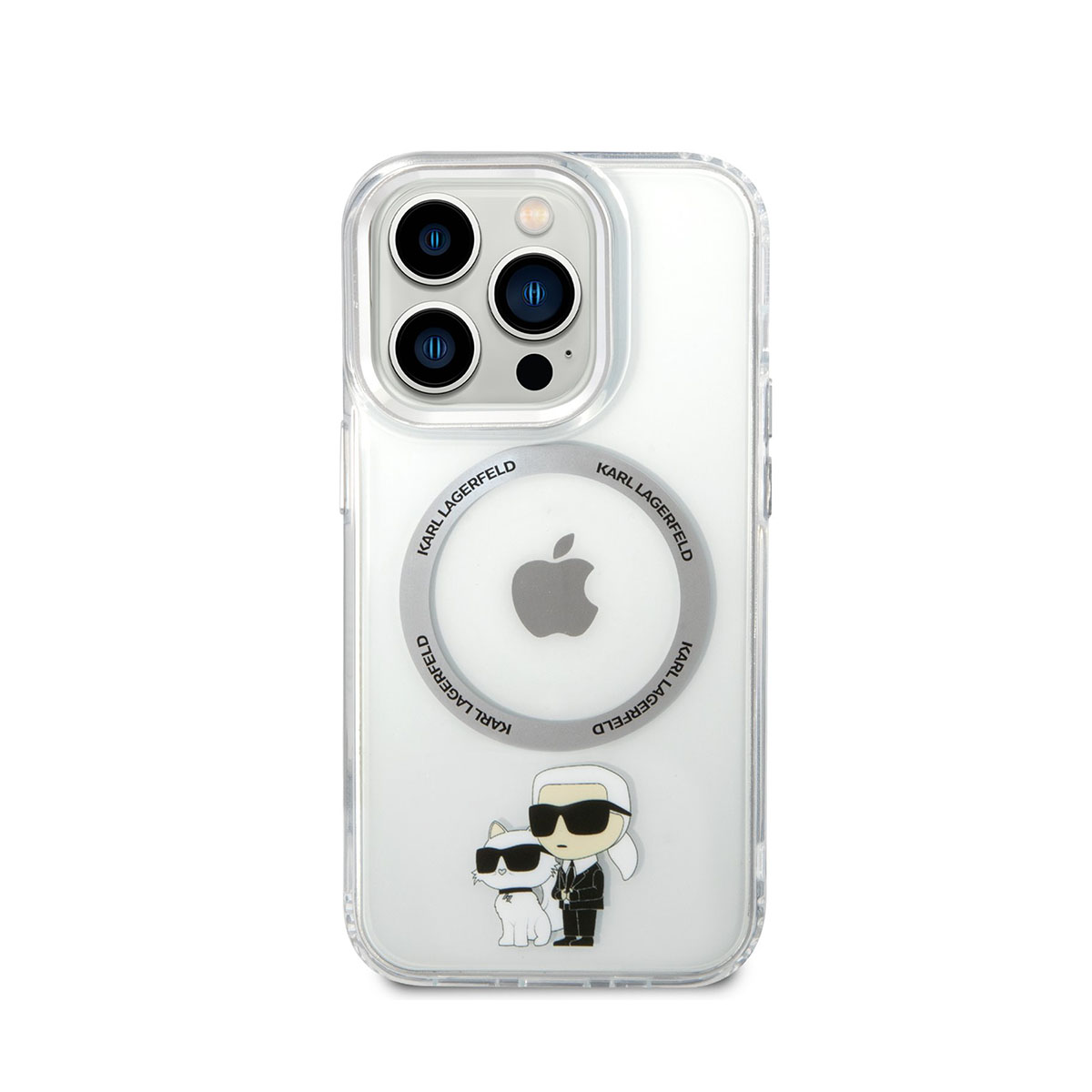 Transparente Handyhülle. Mit Karl Lagerfeld Design mit Katze und Designer Figur. Apple Logo in der Mitte.