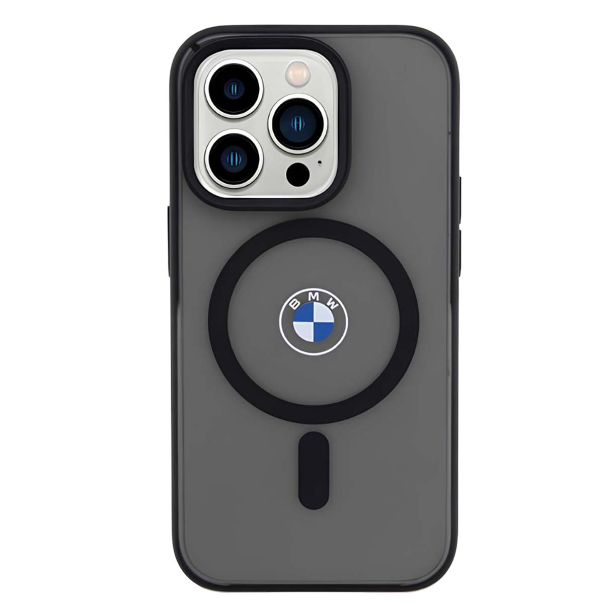 Una custodia per telefono con logo BMW. La custodia è grigia con bordi neri. L'area della fotocamera è nera e il logo è al centro.