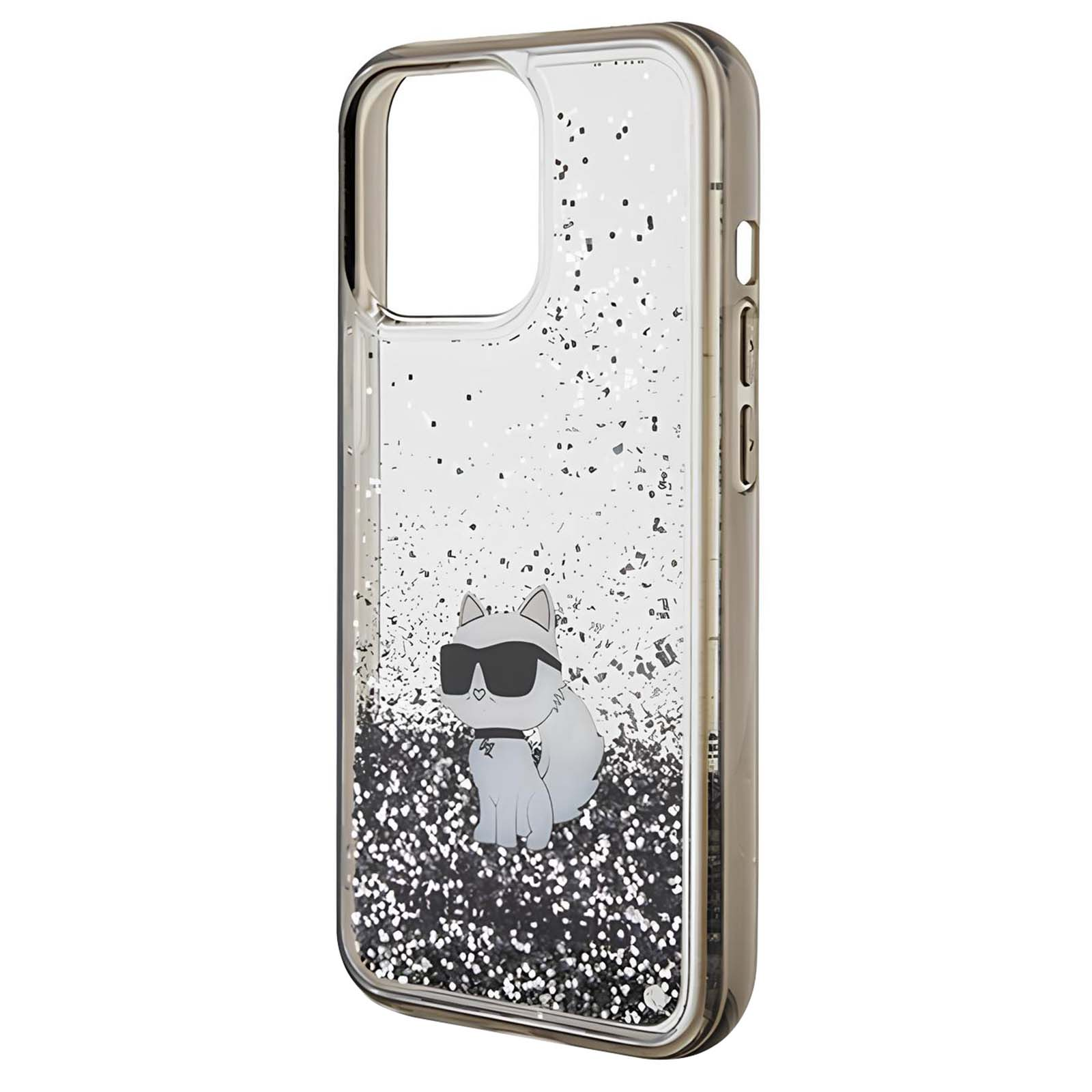 Custodia trasparente per telefono con gatto dei cartoni animati con occhiali da sole, circondato da glitter.