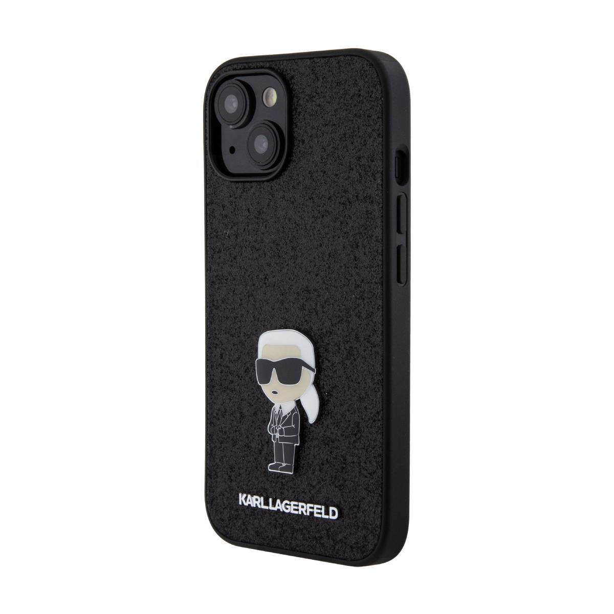 Schwarze Handyhülle mit Karl Lagerfeld Design. Die Hülle hat eine strukturierte Oberfläche und eine Cartoonfigur von Karl Lagerfeld.