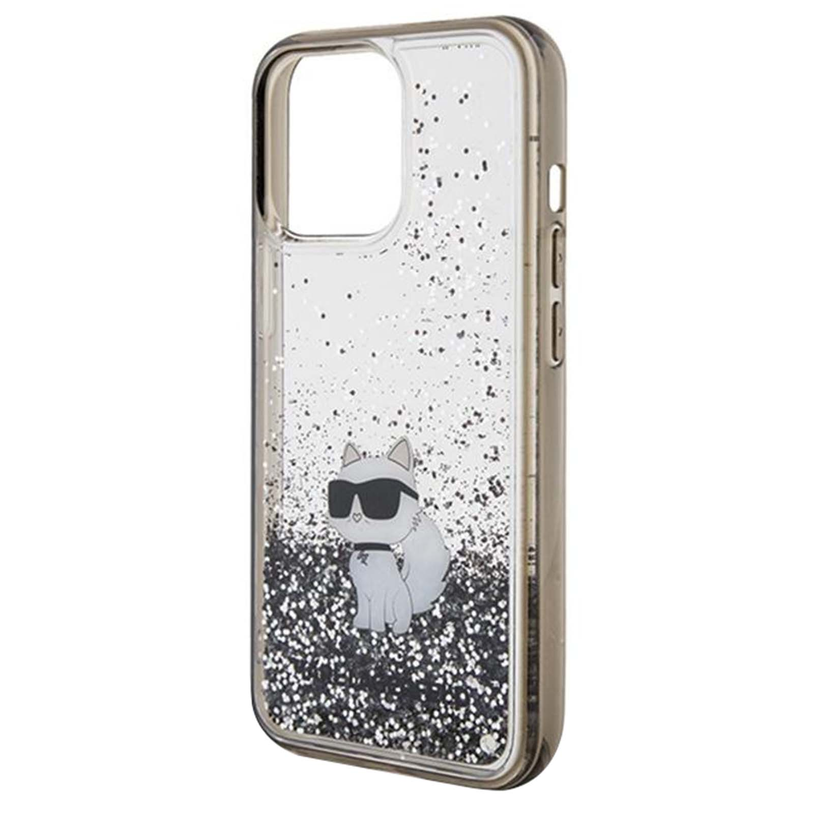 Custodia trasparente per telefono con gatto con occhiali da sole. Glitter in basso. Il gatto ha un collare nero.