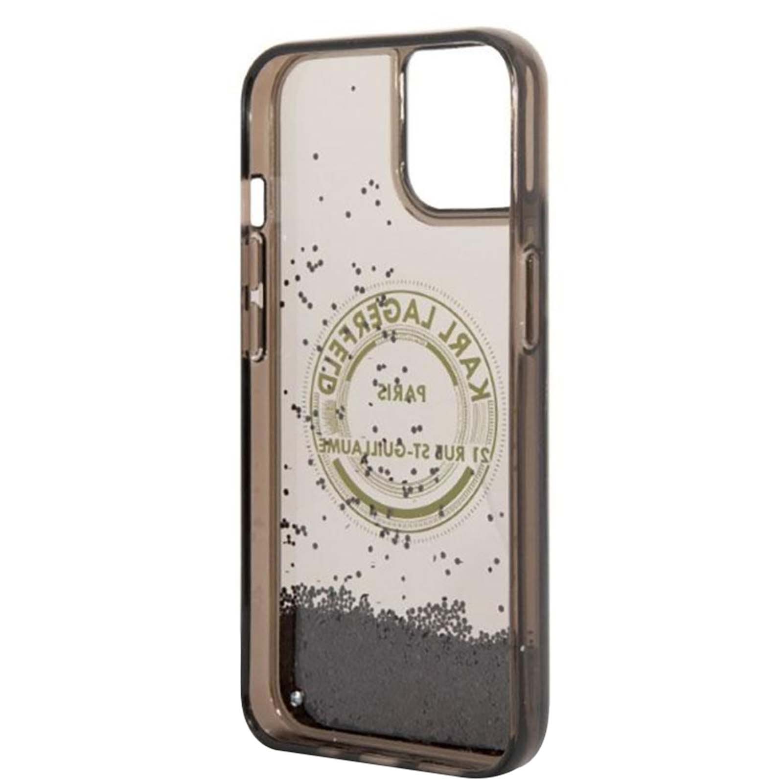 Custodia trasparente per telefono con cornice marrone, logo Karl Lagerfeld e glitter scuri in basso. Punti sparsi.