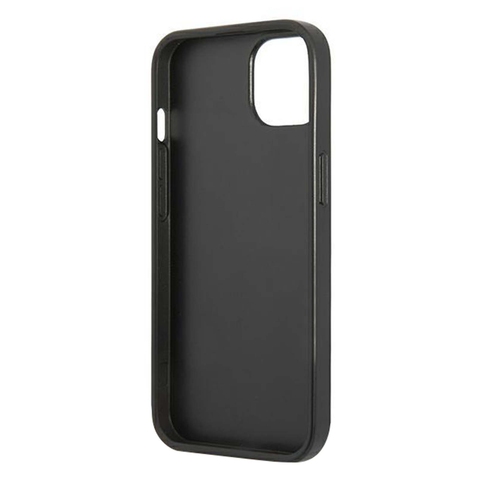 Una custodia per telefono nera, vista laterale. Ha aperture per la fotocamera e i pulsanti. Lo sfondo è bianco.