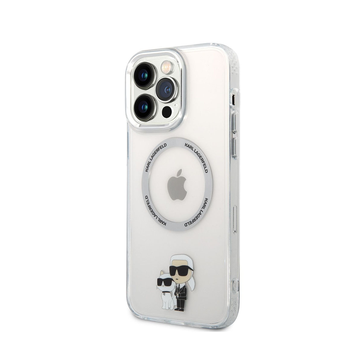Transparente iPhone-Hülle mit Karl Lagerfeld-Design. Mit Apple-Logo, Karl und Katze. Die Hülle hat einen Schutzrahmen.