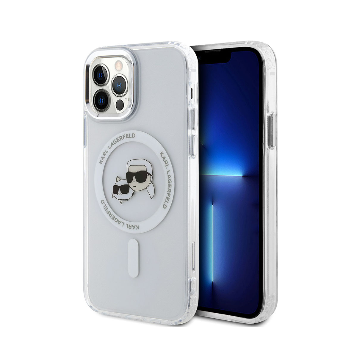 Un iPhone con custodia trasparente con design Karl Lagerfeld. La custodia ha un logo bianco e un cerchio magnetico.
