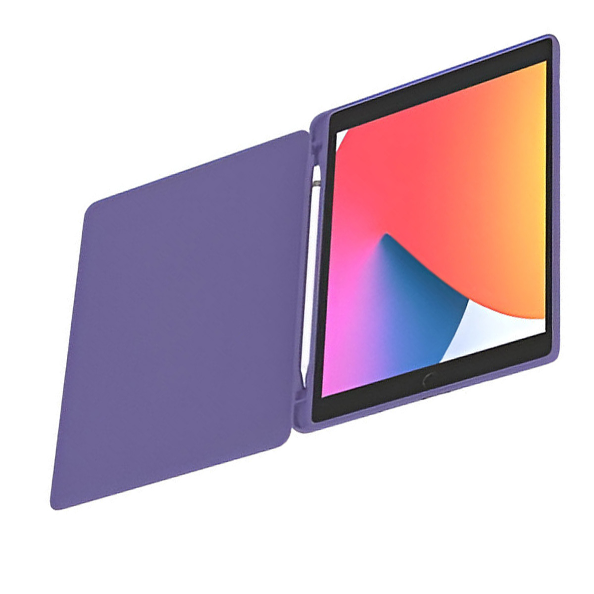 Un iPad con custodia viola, parzialmente aperto. Lo schermo mostra uno sfondo colorato con una penna.