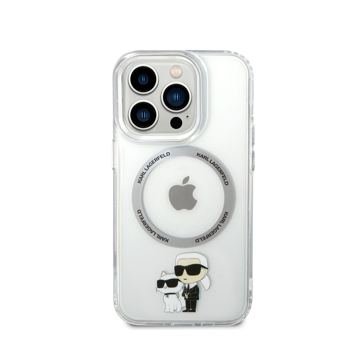 Klare Handyhülle mit Karl Lagerfeld Design. Es zeigt einen Cartoon von Karl und einer Katze. Apple-Logo sichtbar.