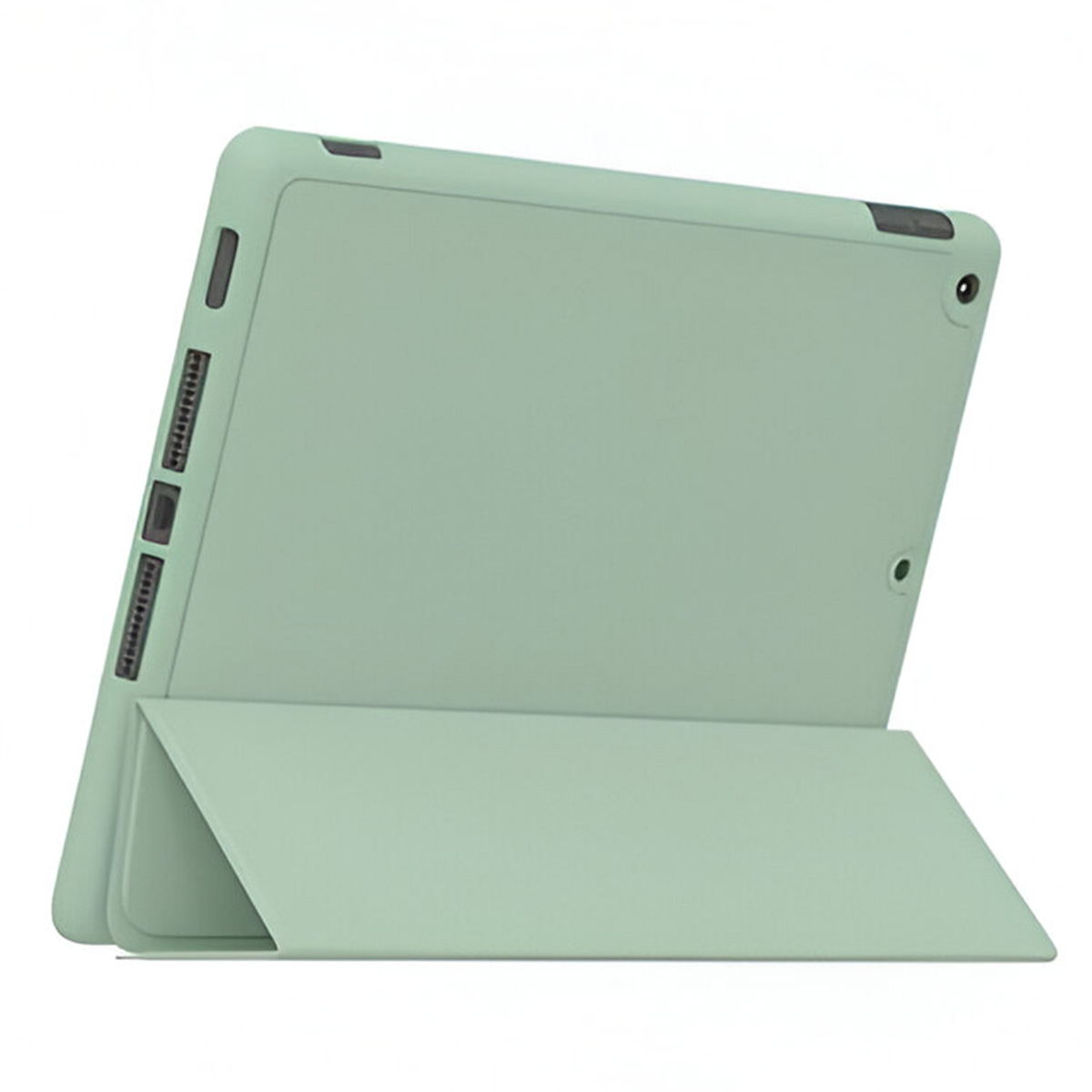 Una custodia per tablet verde menta con un supporto pieghevole. La custodia ha una superficie liscia e porte laterali.
