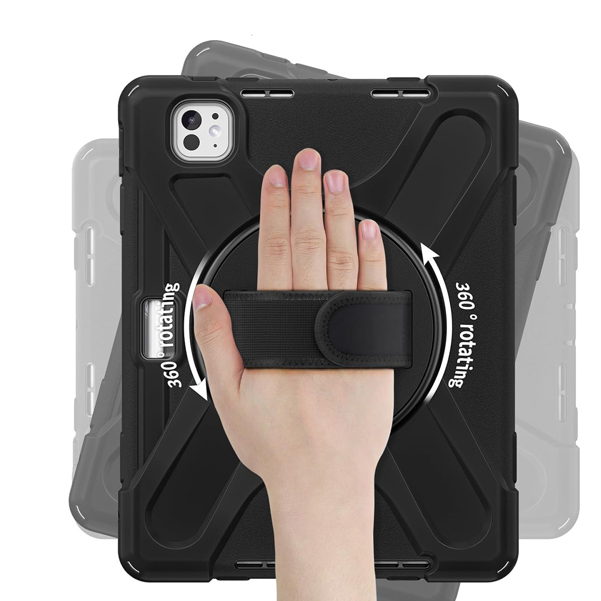 Una mano tiene una custodia nera per tablet con un cinturino rotante. La custodia è su sfondo bianco con effetto ombra. Il testo dice 360° rotante.