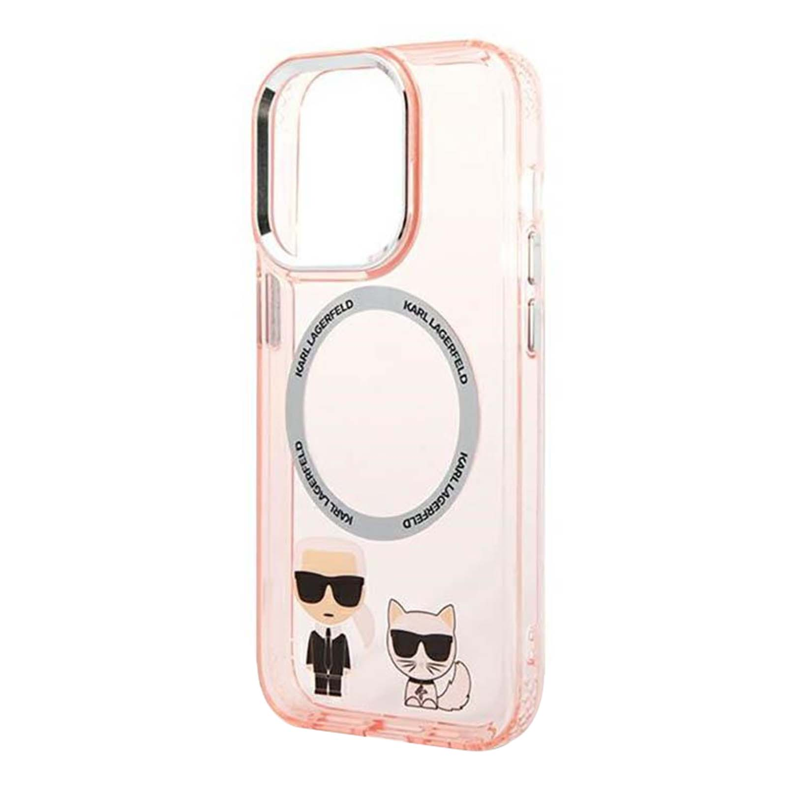 Una custodia per telefono rosa trasparente con cornice argentata. Presenta il marchio Karl Lagerfeld e due personaggi dei cartoni animati.
