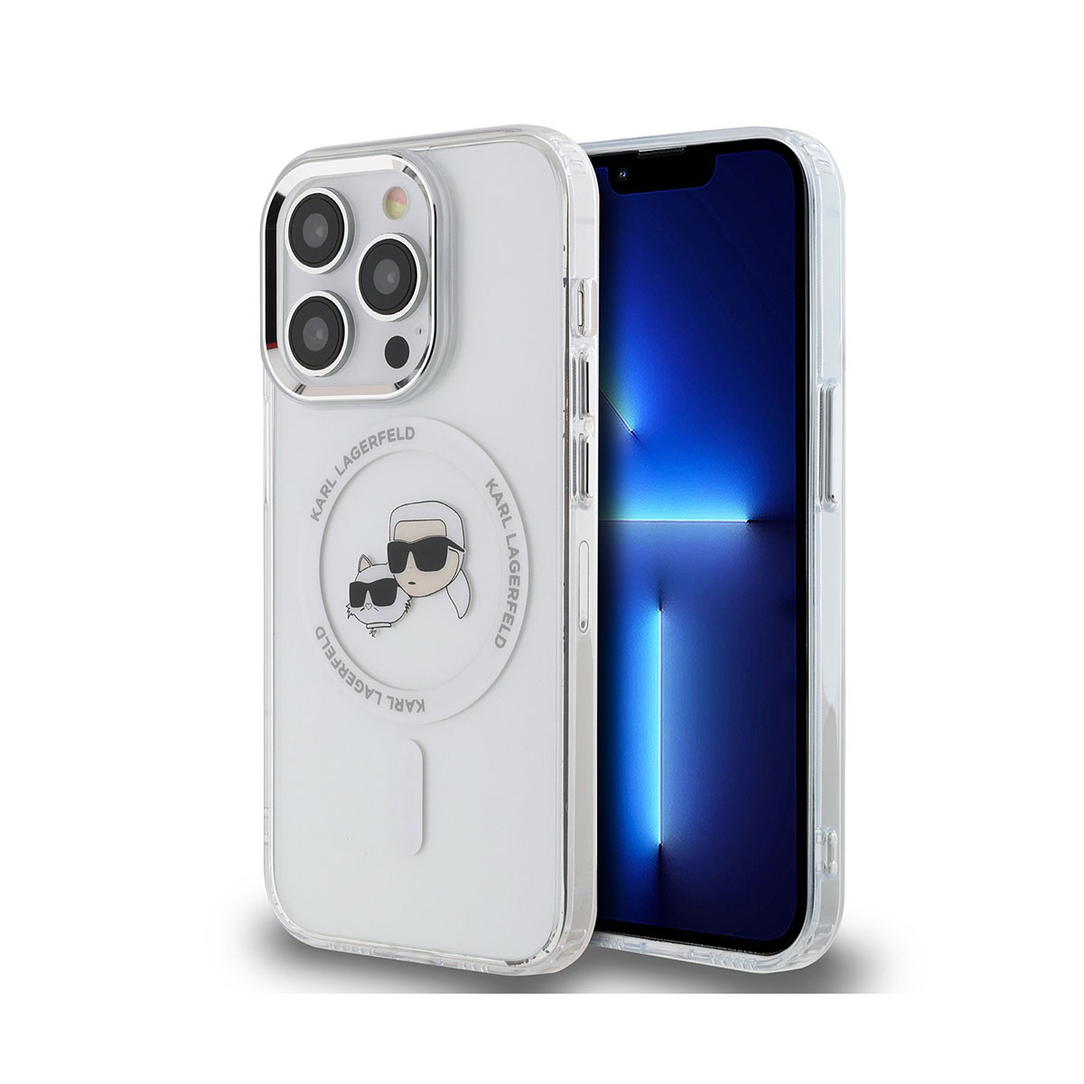 Una custodia trasparente per iPhone con design Karl Lagerfeld, con un telefono a destra. La custodia ha un logo bianco con l'immagine dello stilista.