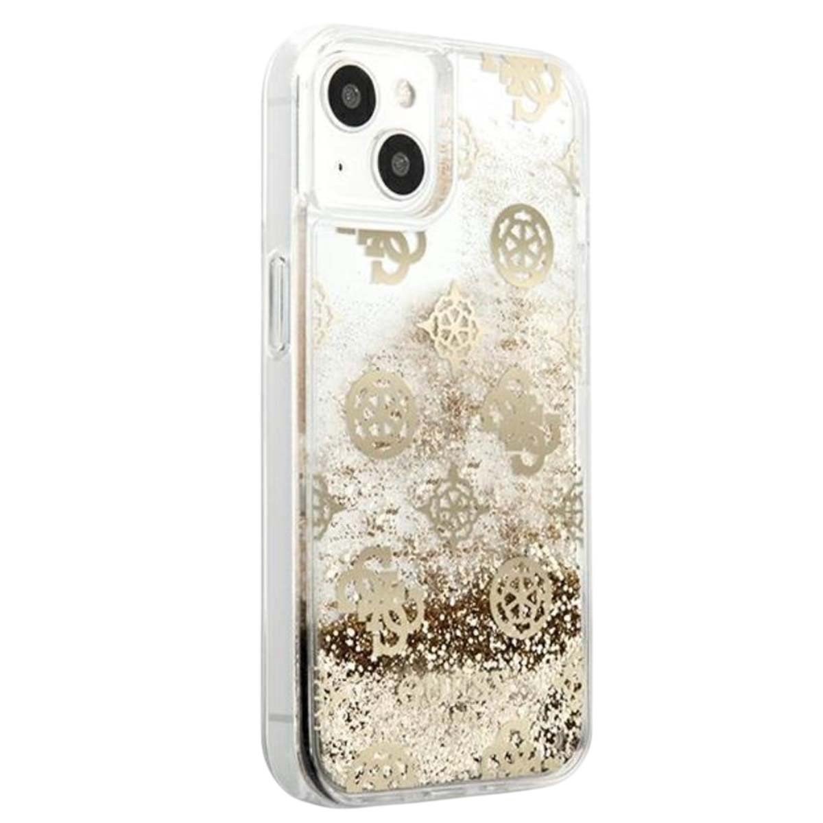 Una custodia trasparente per iPhone con glitter dorati e loghi Guess. La custodia ha un ritaglio per la doppia fotocamera.