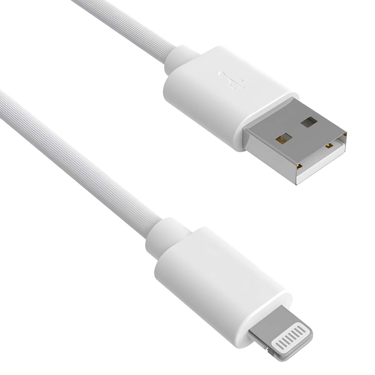 Cavo di ricarica USB bianco con connettori USB e Lightning. Il cavo è su sfondo bianco, angolato verso l'alto a destra.