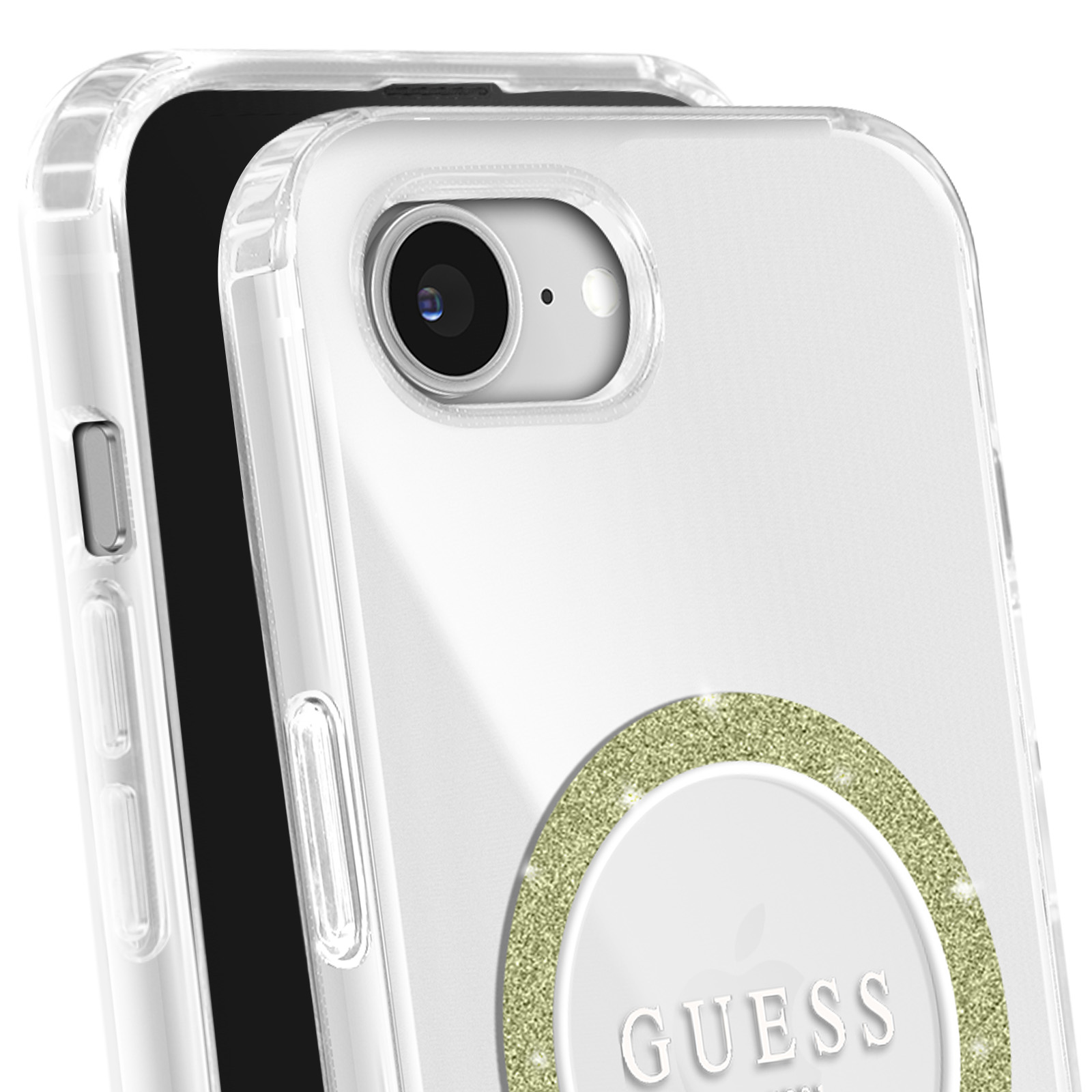 Een doorzichtige telefoonhoes met camera, een groene glitterring en het woord GUESS.