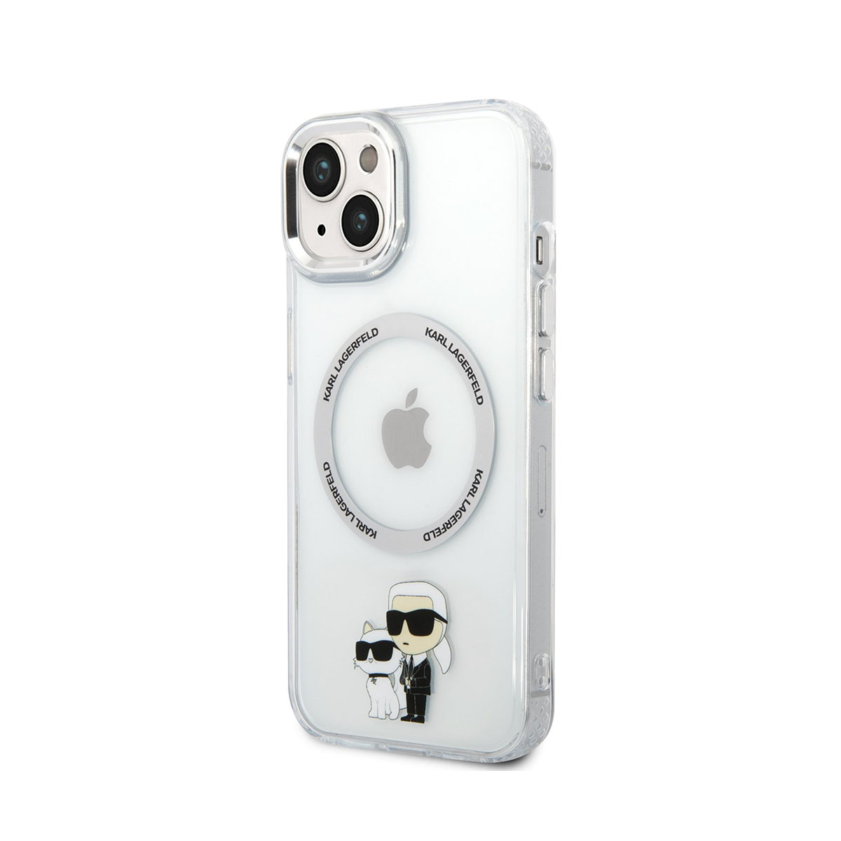 Eine klare iPhone-Hülle mit Karl Lagerfeld-Design. Mit Cartoon Karl und Katze. Apple-Logo sichtbar. Weißer Hintergrund.