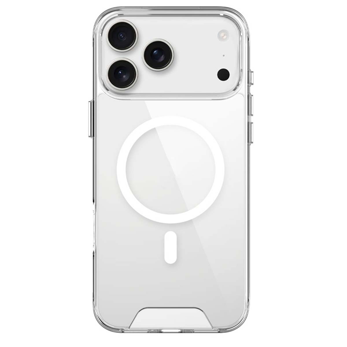 È mostrata una custodia trasparente per iPhone. Ha un ritaglio per la fotocamera con tre lenti, un cerchio bianco e un design a linea verticale.