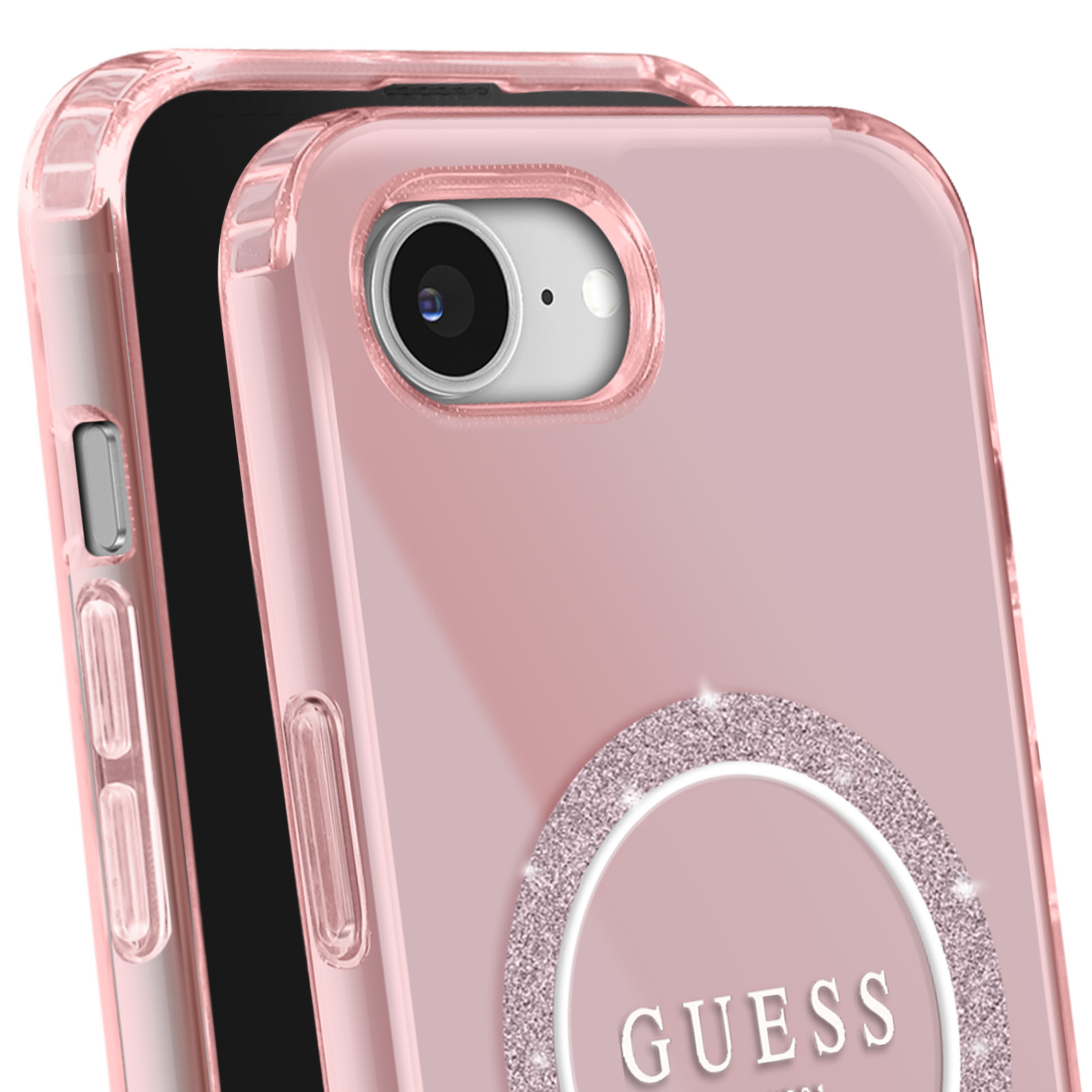 Una custodia rosa per telefono con obiettivo della fotocamera, logo Guess e anello glitterato.
