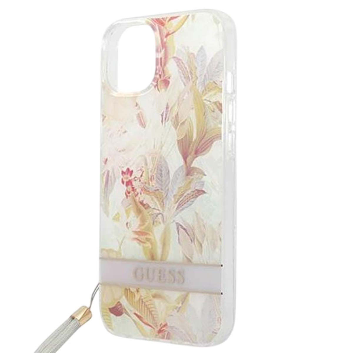 Una custodia trasparente per iPhone con un design floreale rosa e giallo. Il marchio 'Guess' è visibile. Ha un cinturino.