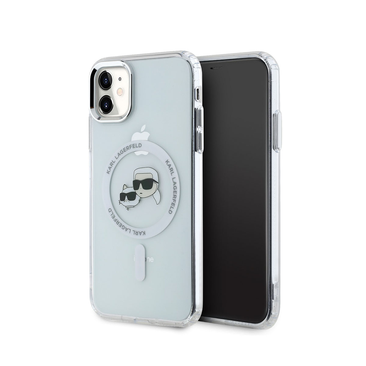 Un iPhone con una custodia trasparente Karl Lagerfeld. La custodia ha un gatto e un uomo con occhiali da sole. Il telefono ha uno sfondo bianco.