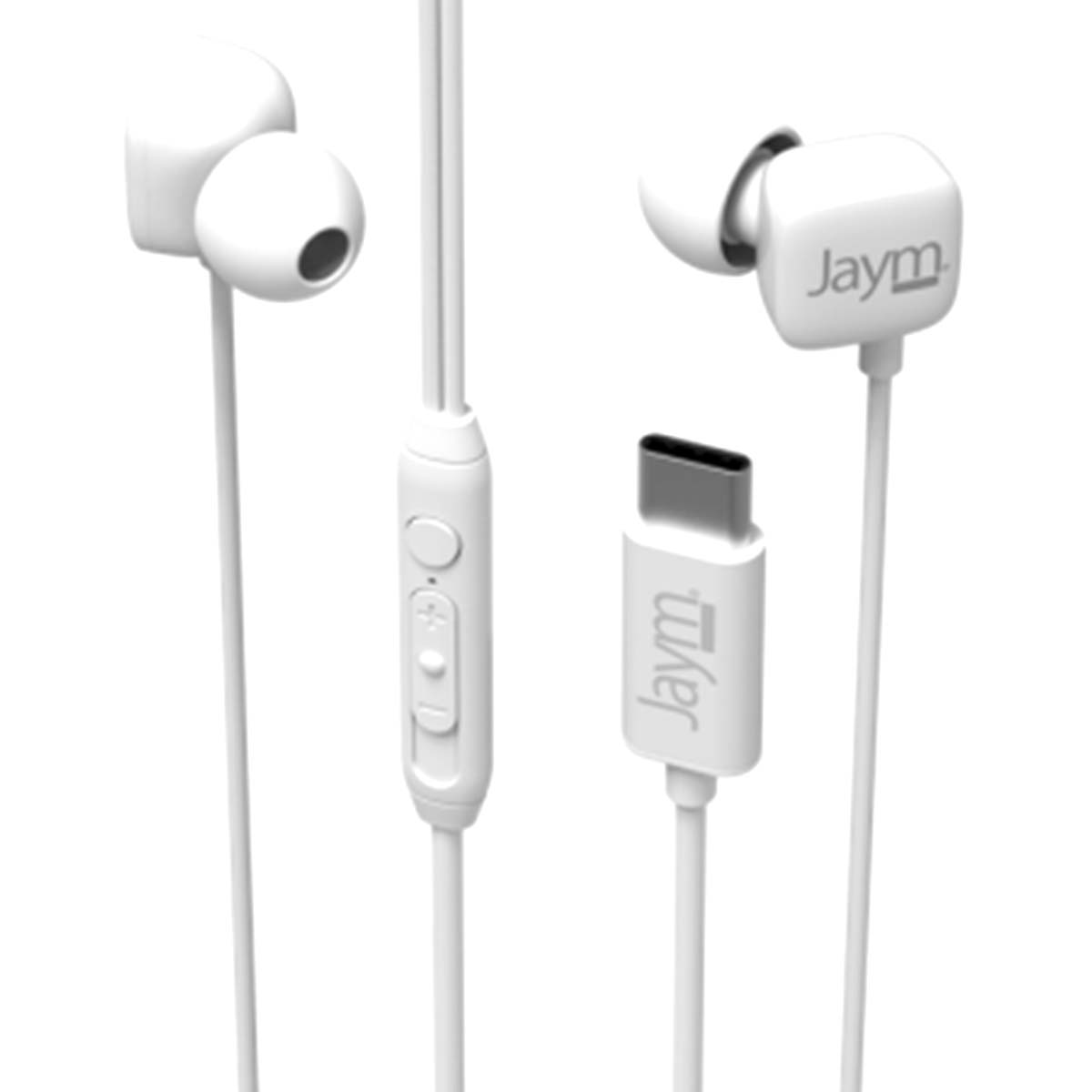 Auricolari bianchi con marchio 'Jaym', connettore USB-C. L'immagine mostra gli auricolari e i loro componenti su sfondo bianco.