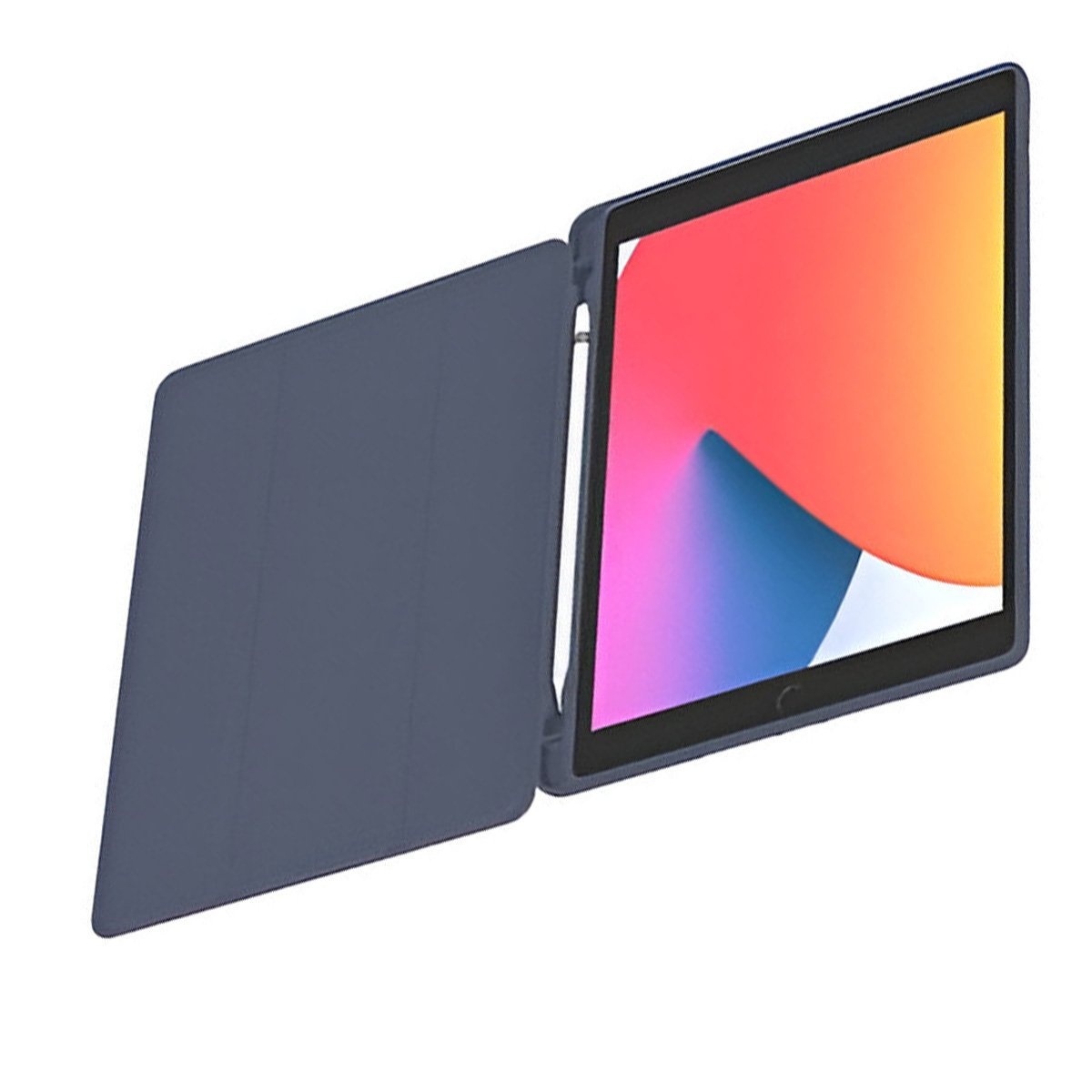 Tablet con schermo colorato, cover blu e stilo bianco. La cover è aperta. Lo sfondo è bianco.