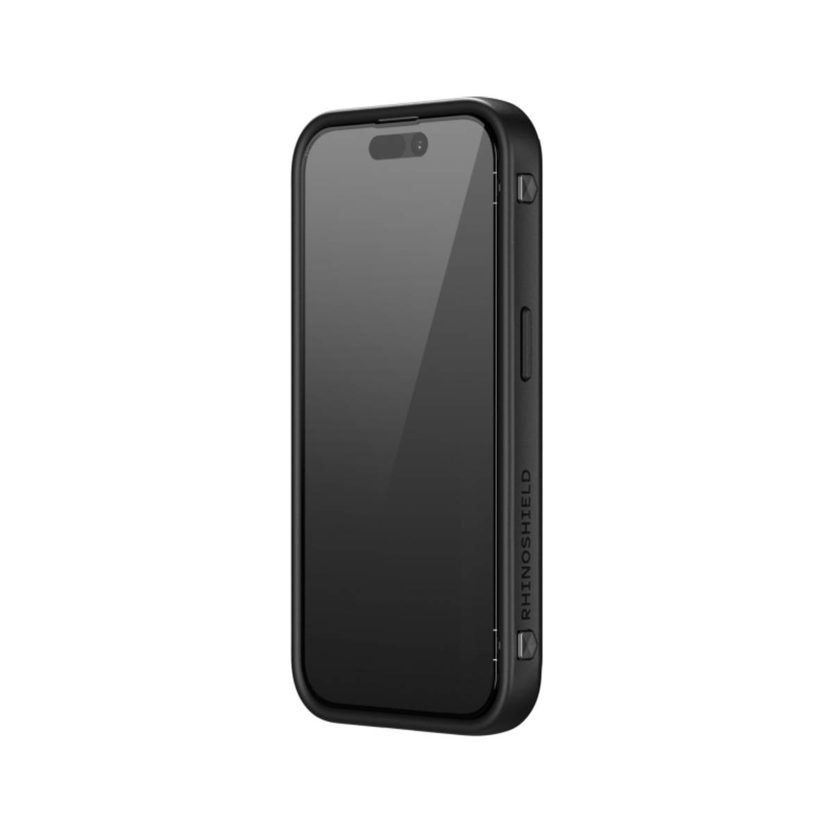 Uno smartphone nero in una custodia nera è in posizione verticale. La custodia riporta il nome del marchio 'RHINOSHIELD'.