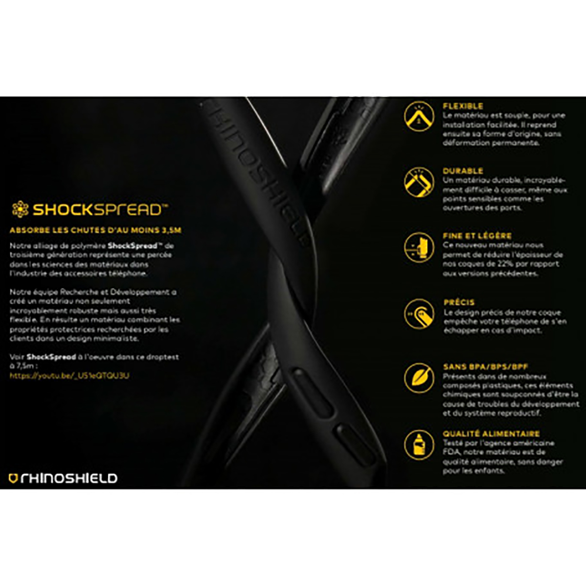 Custodia per telefono nera con dettagli del prodotto. Il testo include ShockSpread, RhinoShield e caratteristiche.
