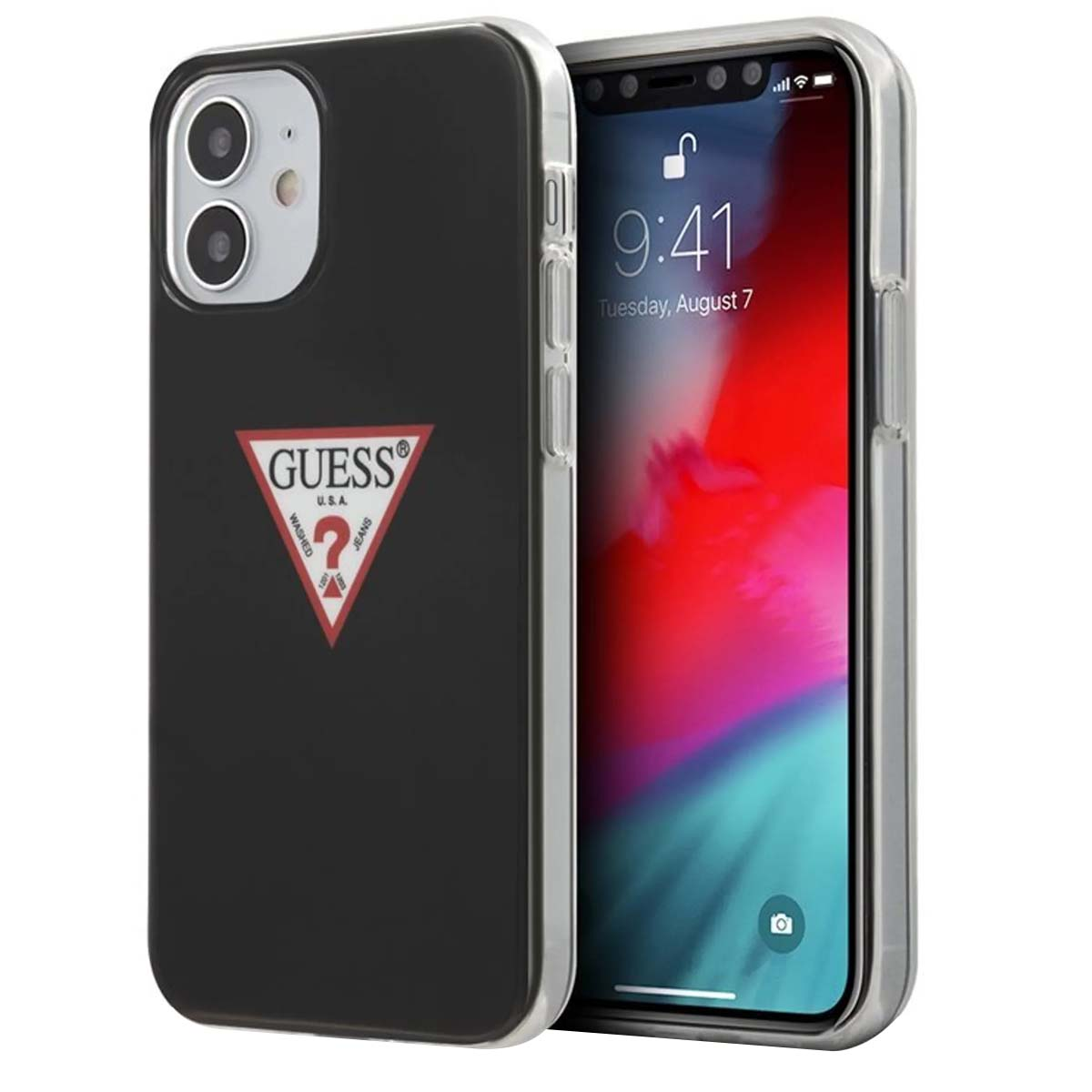 Custodia nera per telefono con logo Guess. Il telefono mostra uno schermo colorato con l'ora 9:41. La custodia ha un bordo trasparente.