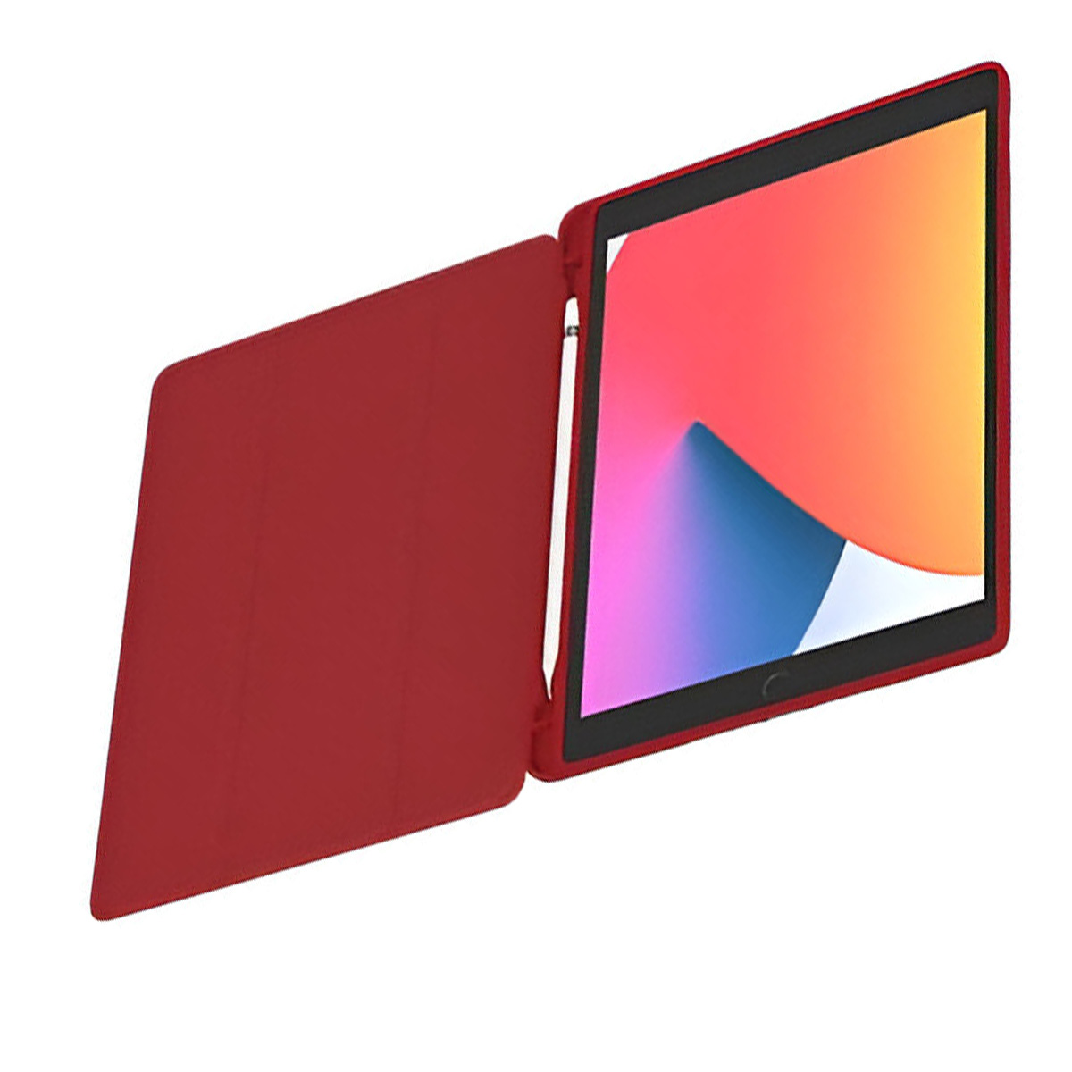 Un tablet rosso con una custodia abbinata è aperto, rivelando un display colorato. È attaccata una penna bianca. Lo sfondo è bianco.