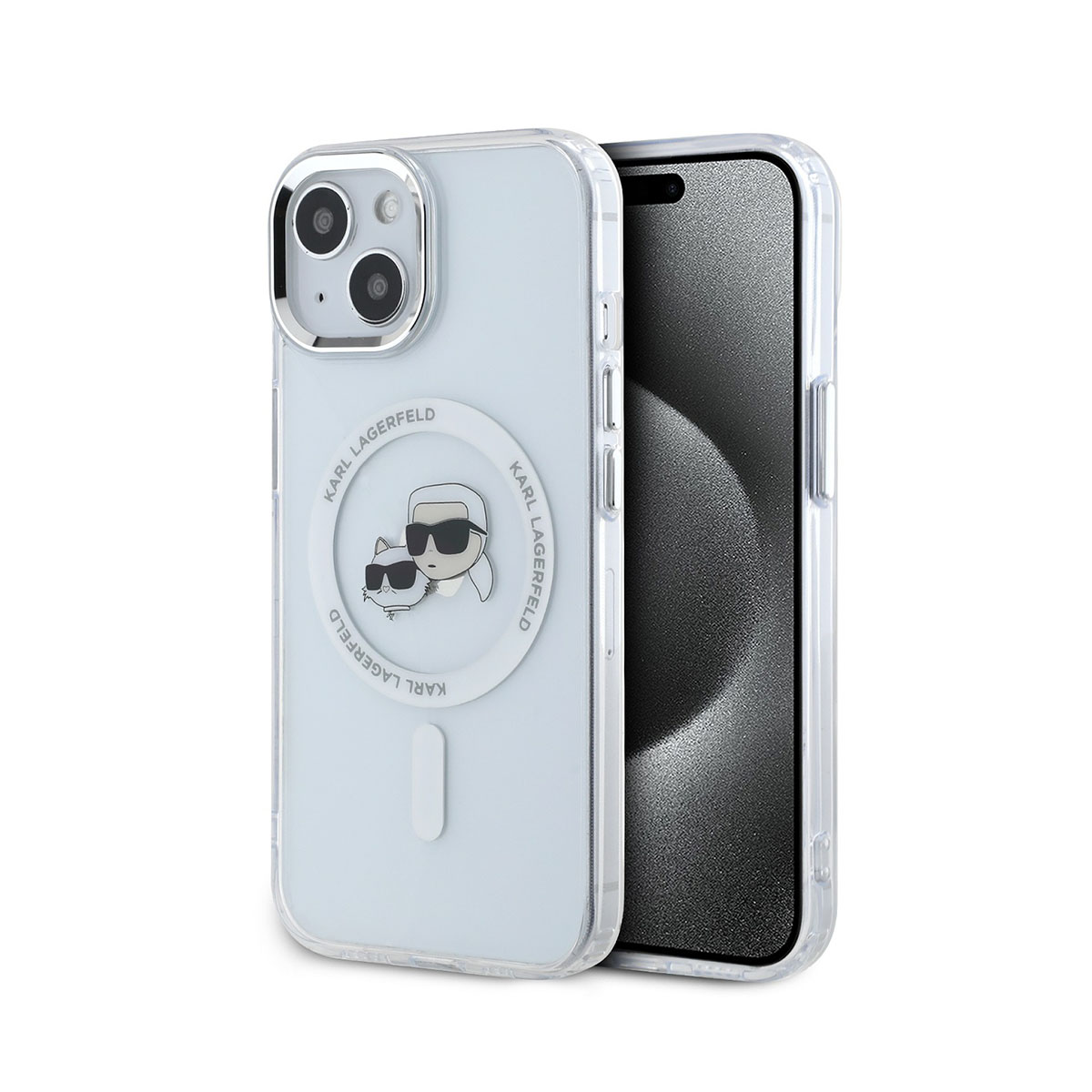 Una custodia trasparente per iPhone con design Karl Lagerfeld, con un cartone animato di Karl e un gatto. Il telefono è visibile.