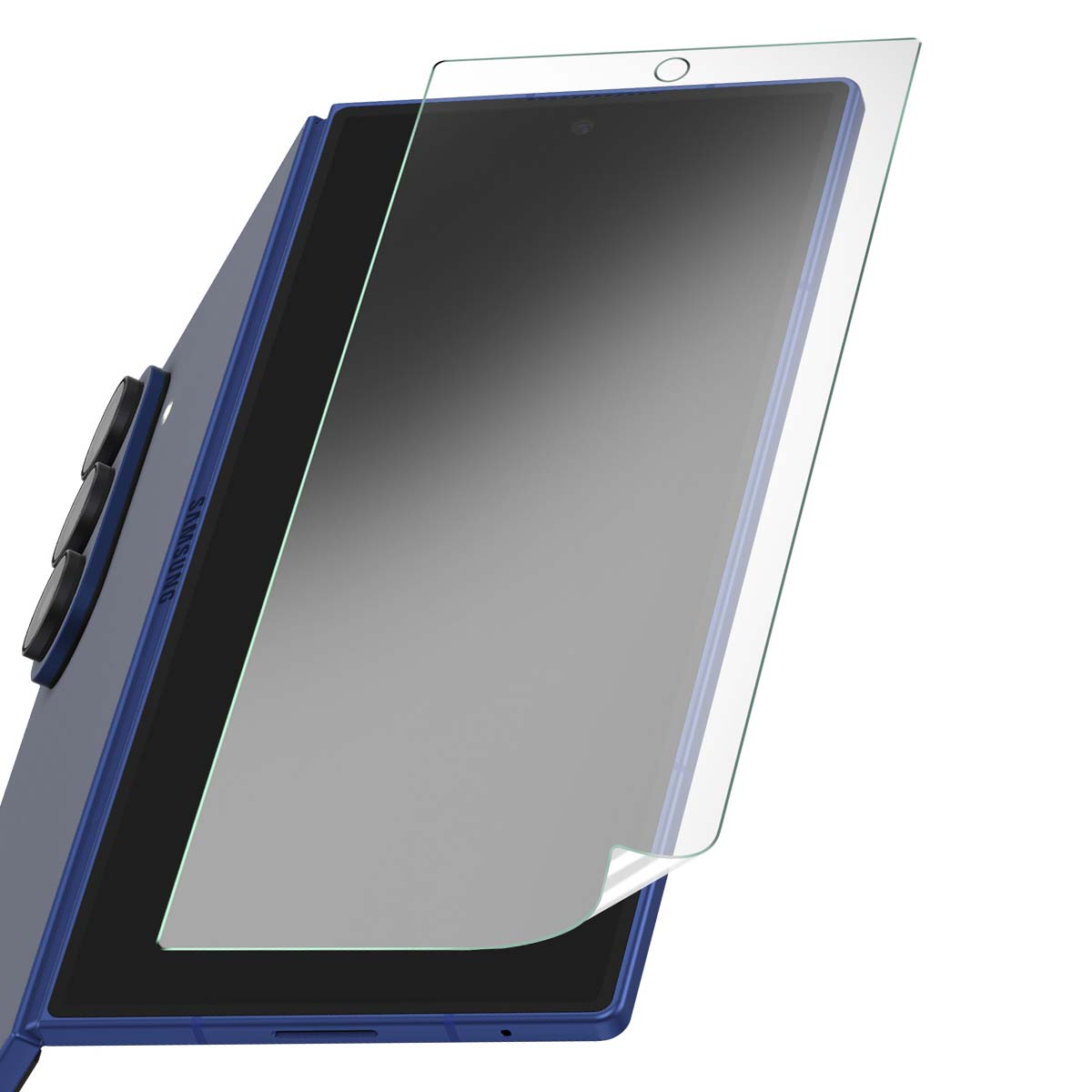 Un tablet blu con una protezione per lo schermo in fase di applicazione. La protezione è parzialmente staccata. Il tablet ha pulsanti e una fotocamera.