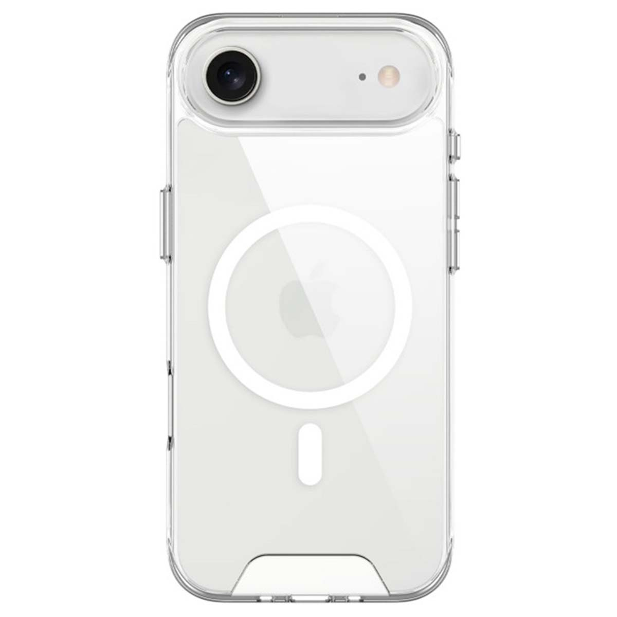 Una custodia trasparente per telefono con fotocamera e un cerchio bianco con un logo. La custodia ha un retro trasparente e bordi neri.
