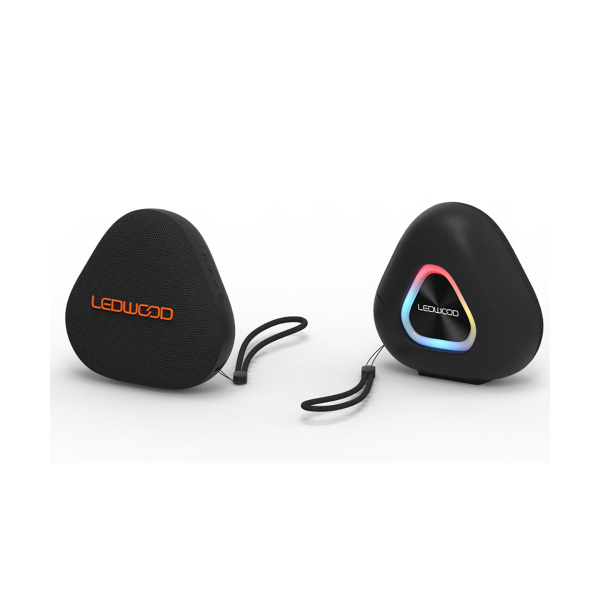 Dos altavoces triangulares negros con el logo LEDWOOD. Uno tiene el logo naranja, otro LEDs arcoíris. Ambos tienen correas negras.