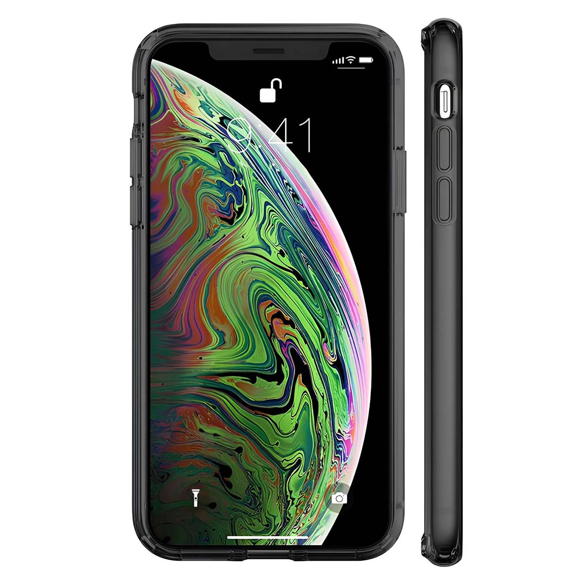 Ein iPhone XS Max in einer transparenten Hülle. Der Bildschirm zeigt einen bunten Hintergrund. Die Seite zeigt Knöpfe und den Rand der Hülle.