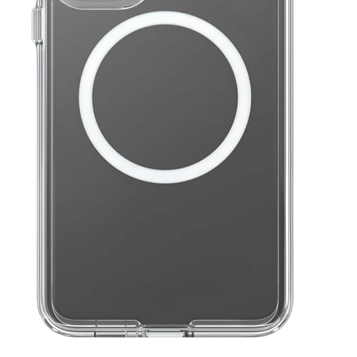 Custodia trasparente per telefono con anello bianco e centro grigio scuro.