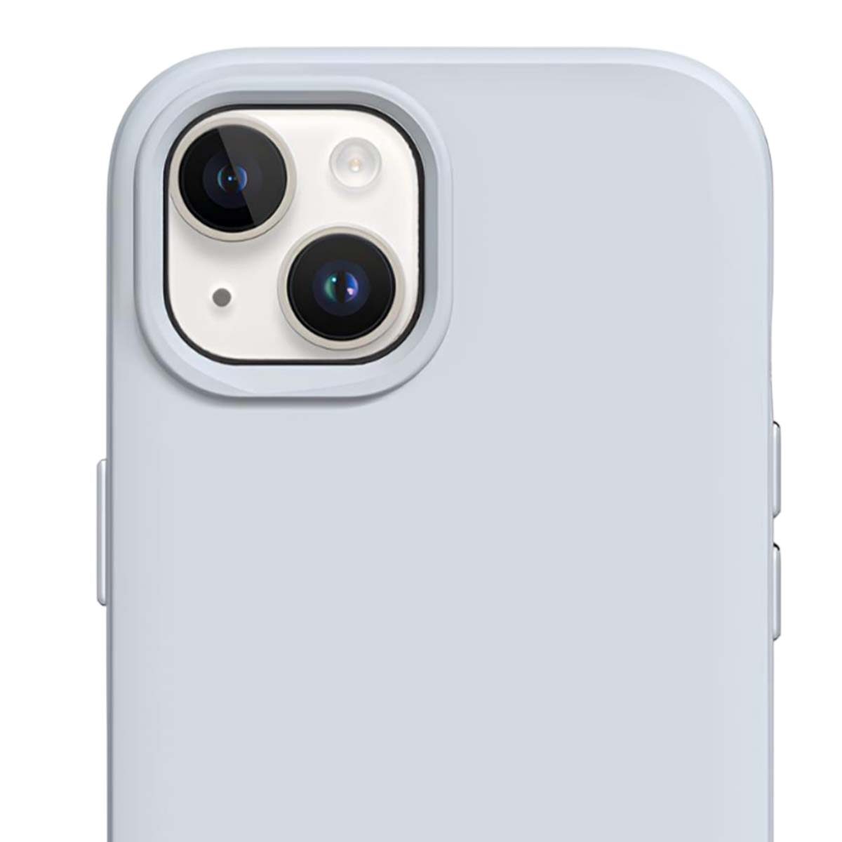 Primo piano di una custodia per telefono azzurra con modulo fotocamera. Sono visibili due obiettivi e un flash.