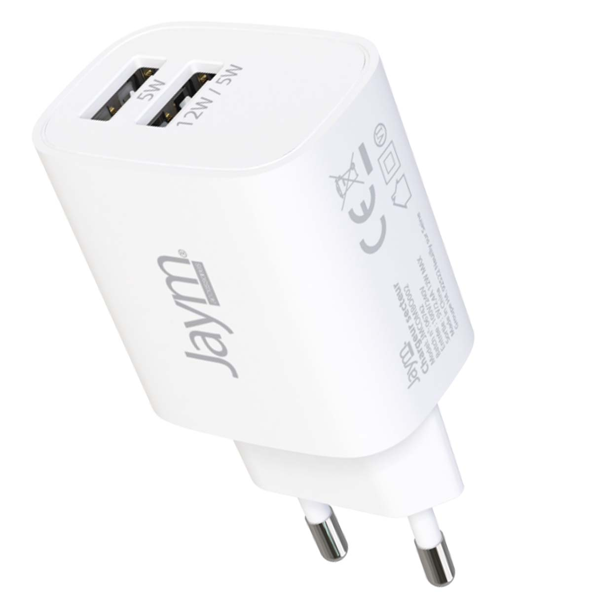 Un caricatore USB duale Jaym bianco. Ha due porte con l'etichetta 5W e 12W/5W. I connettori sono argentati. C'è del testo.