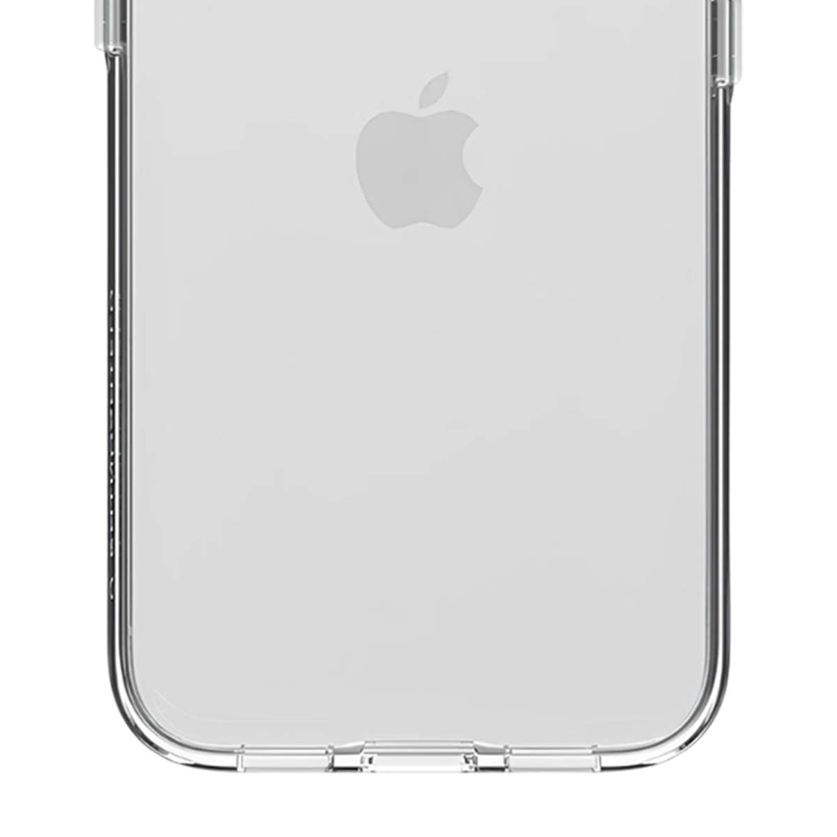 Custodia trasparente per telefono. Logo Apple visibile sul retro. Bordi arrotondati. La custodia ha un design protettivo.