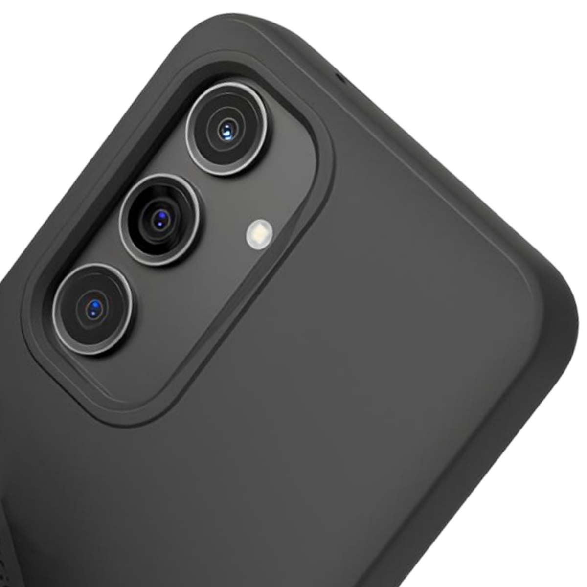 Primo piano di uno smartphone nero. Sono visibili tre obiettivi della fotocamera e un flash. La parte posteriore del telefono è liscia.