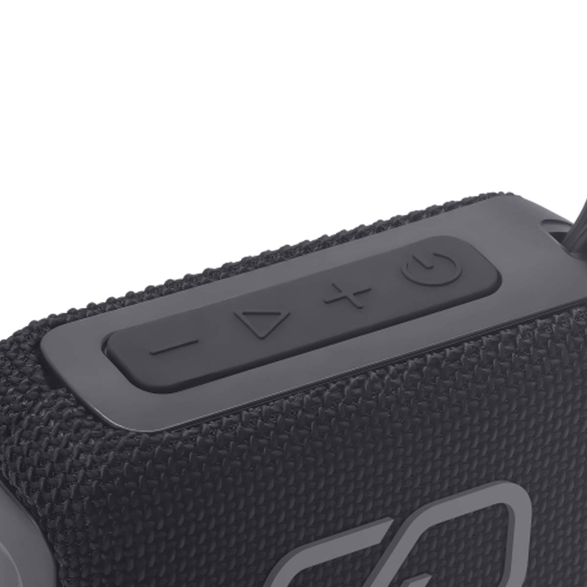 Primer plano de un altavoz negro con botones de control. Los botones incluyen encendido, volumen y controles de reproducción.