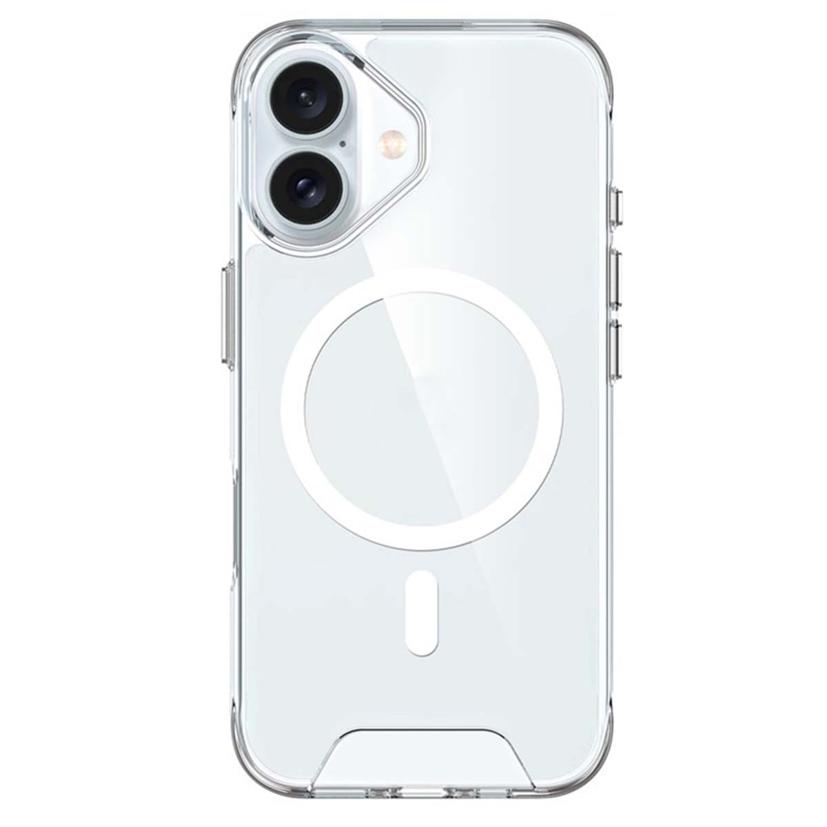 Una custodia trasparente per iPhone. Il retro ha un contorno circolare bianco e una linea verticale. La parte superiore mostra la fotocamera e il flash.
