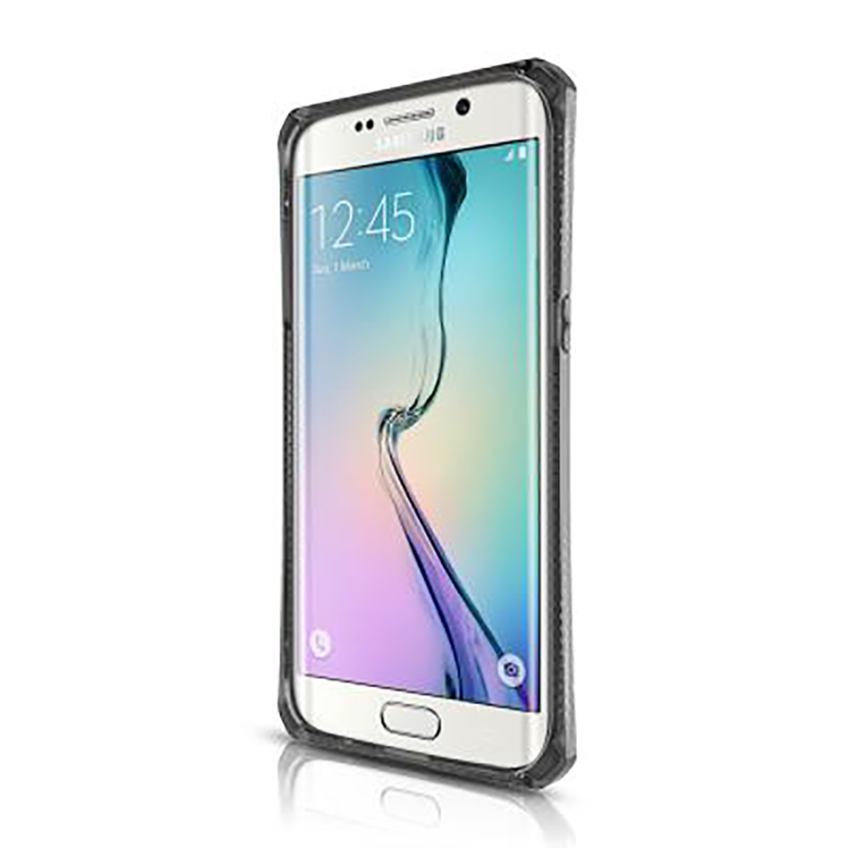 Uno smartphone con custodia, che mostra l'ora 12:45. Lo schermo mostra uno sfondo colorato. Il telefono è su una superficie riflettente.