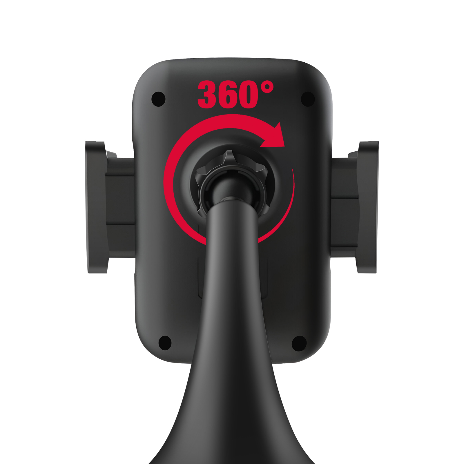 Schwarzer Autotelefonhalter mit rotem 360-Grad-Pfeil. Der Hintergrund ist weiß.