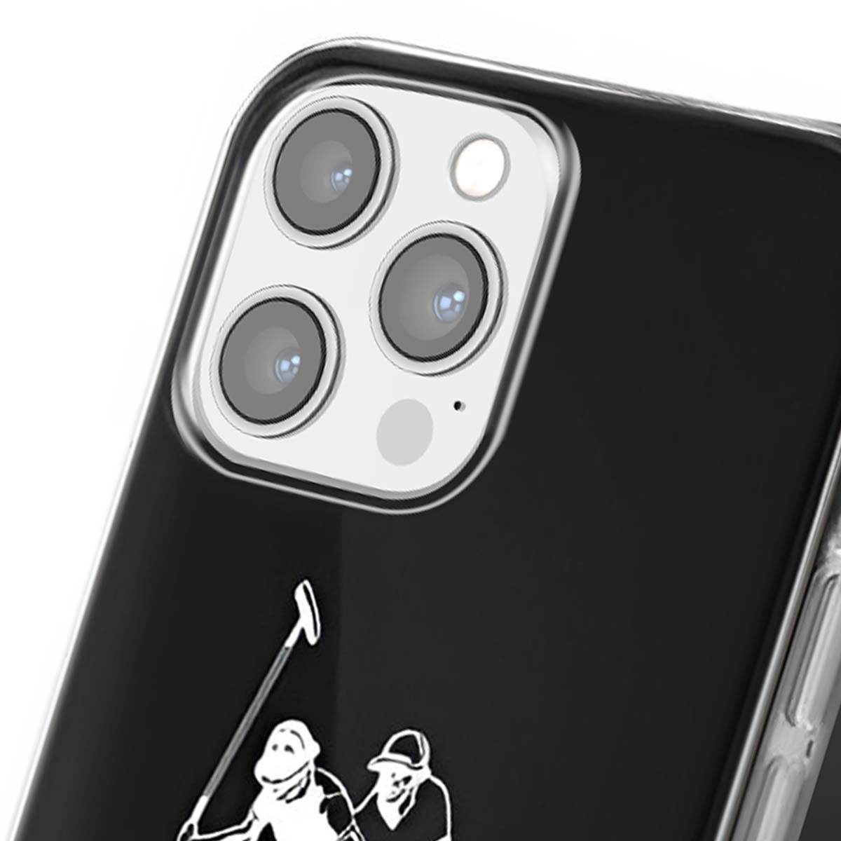 Primo piano di una custodia per telefono. La custodia ha uno sfondo nero con il logo bianco di un giocatore di polo. Le lenti della fotocamera sono visibili.
