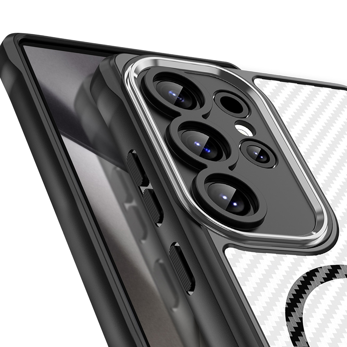 Gros plan sur une coque de téléphone. La coque a une bosse de caméra avec plusieurs lentilles. La coque est noire et blanche, avec un motif.