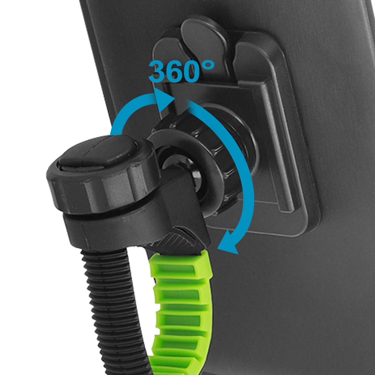 Primo piano di un supporto per telefono nero con cinturino verde, contrassegnato da frecce di rotazione a 360°. Il supporto è collegato a una superficie nera.