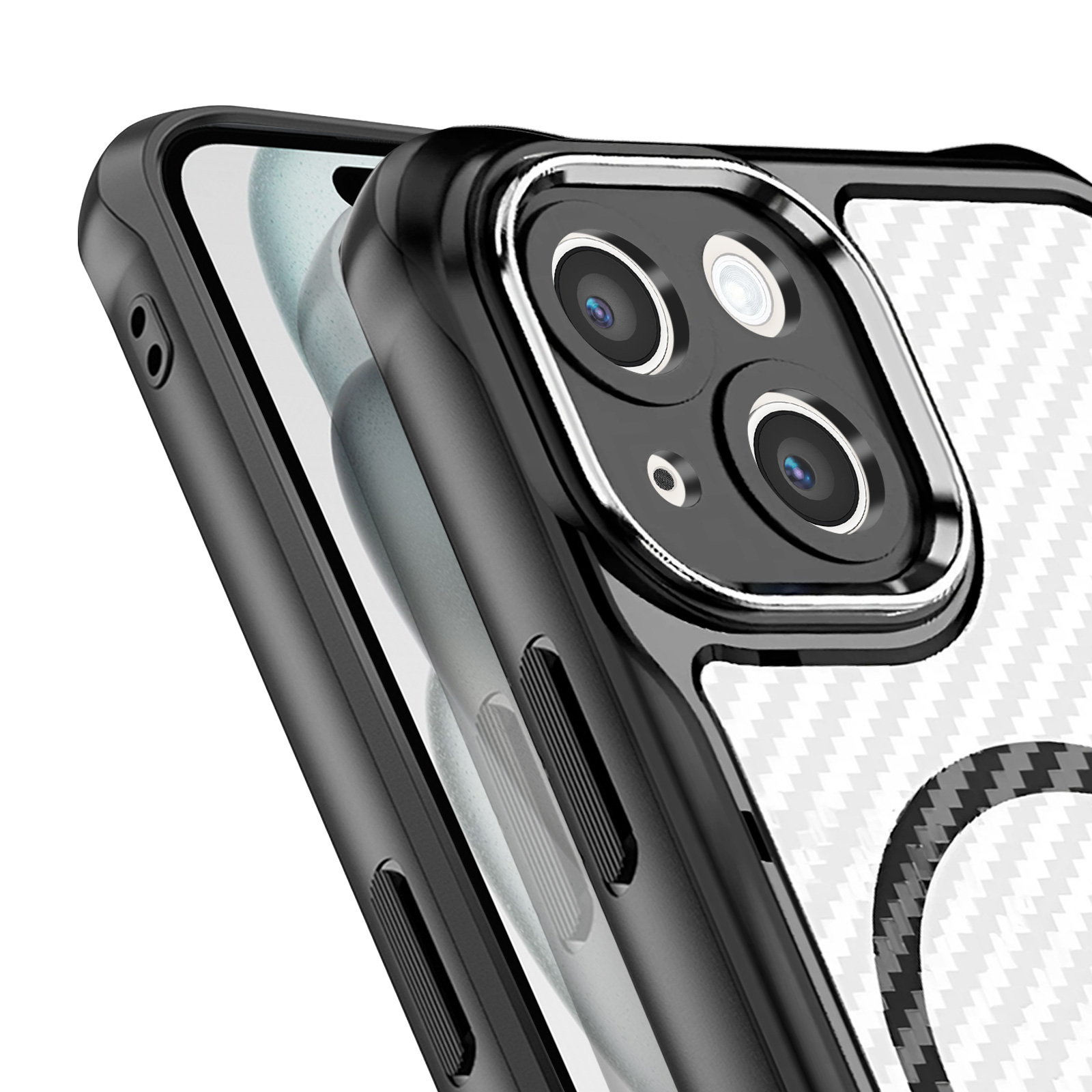 Primo piano di una custodia per telefono con cornice nera e retro trasparente. La custodia ha ritagli per la fotocamera e un motivo in fibra di carbonio.