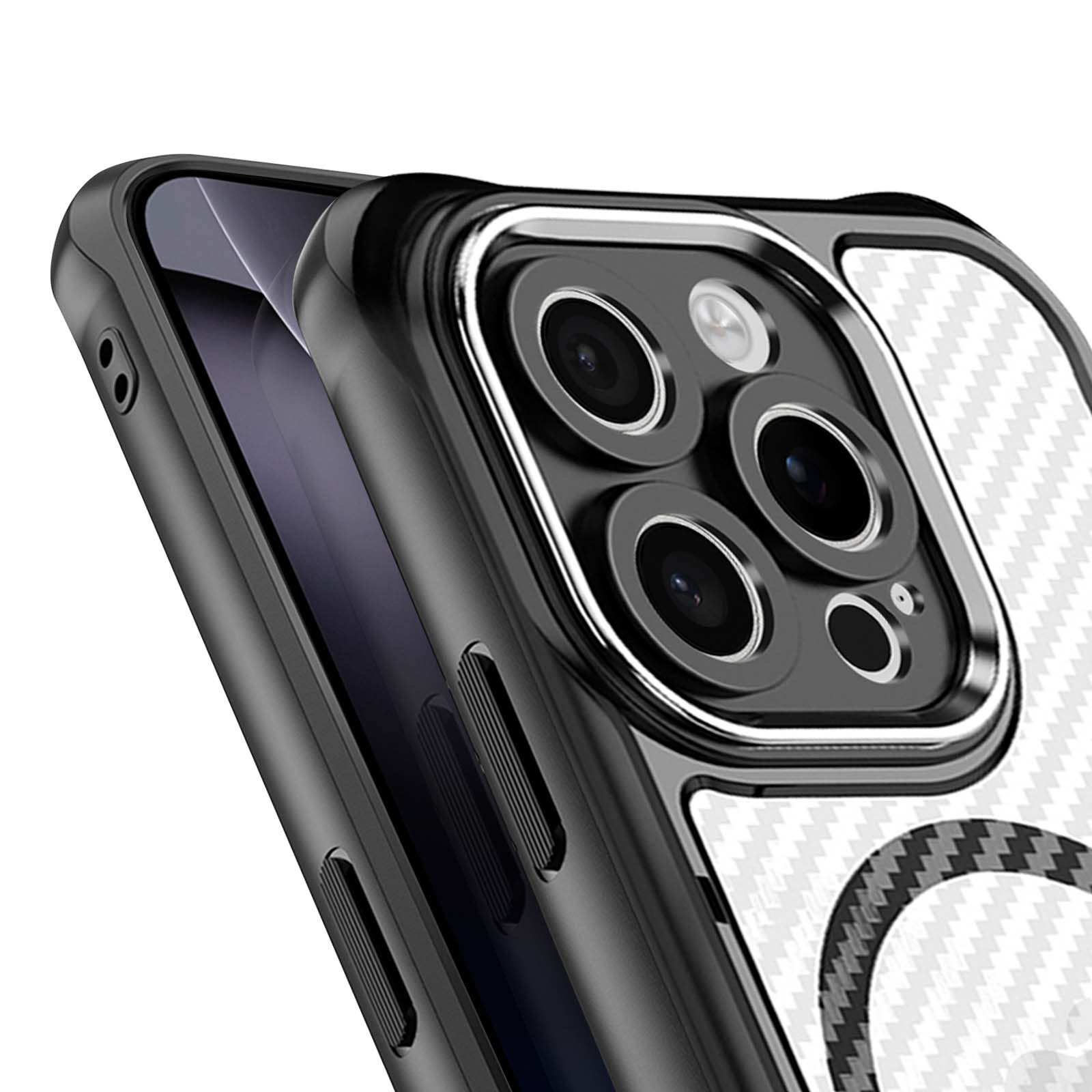 Primo piano di una custodia nera per telefono con modulo fotocamera. La custodia ha un retro a fantasia e un anello metallico.